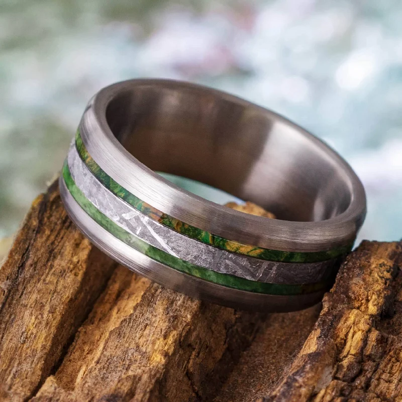 women's ring white gold -Meteorite & Green Box Elder Wood Burl With Brushed Finish