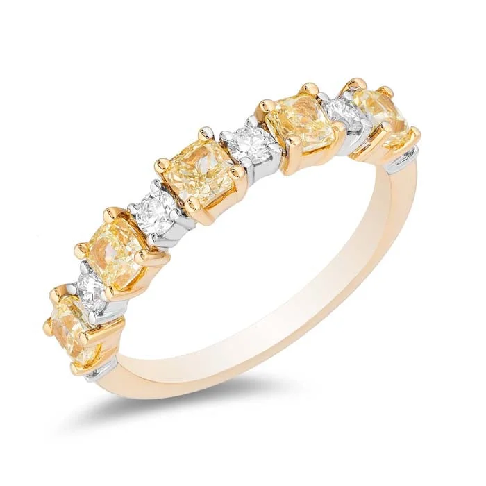 women's engagement rings handcrafted -Mountz Collection Alternating Fancy Light Yellow Cushion and White Round Diamond Ring in 18K Yellow and White Gold