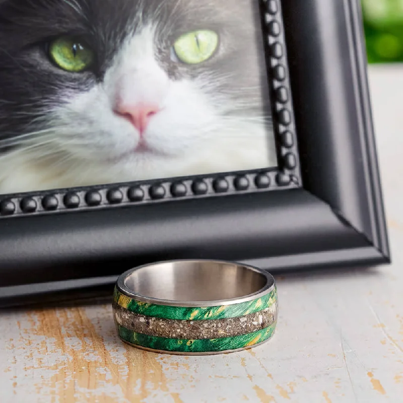 women's ring twisted band -Remembrance Ring with Green Box Elder Burl and Ashes