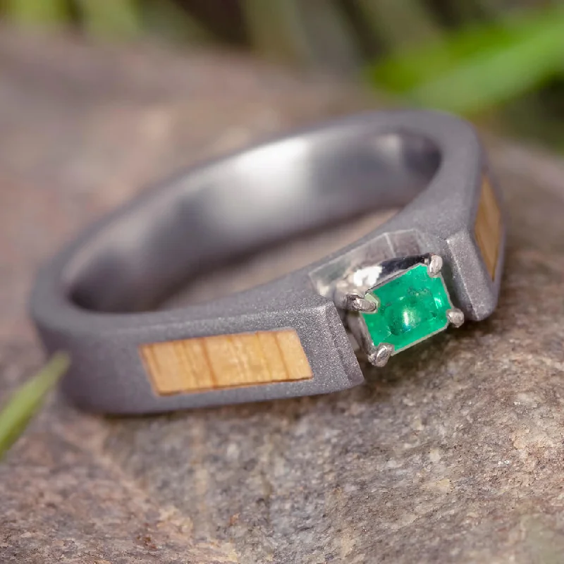 women's ring thin band -Emerald Ring with Oak Wood Panels and a Sandblasted Titanium-1836