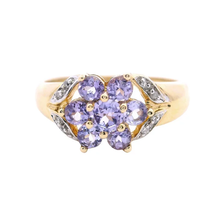 women's engagement rings platinum -Estate Tanzanite and Single Cut Diamond Ring in 14K Yellow Gold