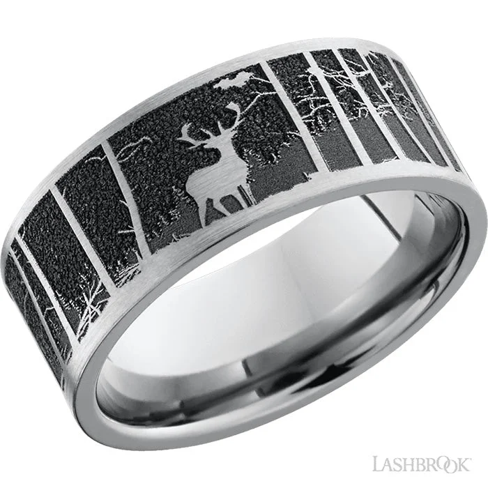 women's engagement rings diamond -Lashbrook 9mm Titanium Wedding Band with Carved Elk and Mountain Pattern