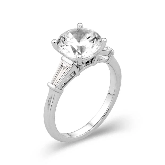 women's engagement rings floral engraving -Mountz Collection 3-Stone Engagement Ring Semi-Mounting with Tapered Baguette Diamonds in 14K White Gold