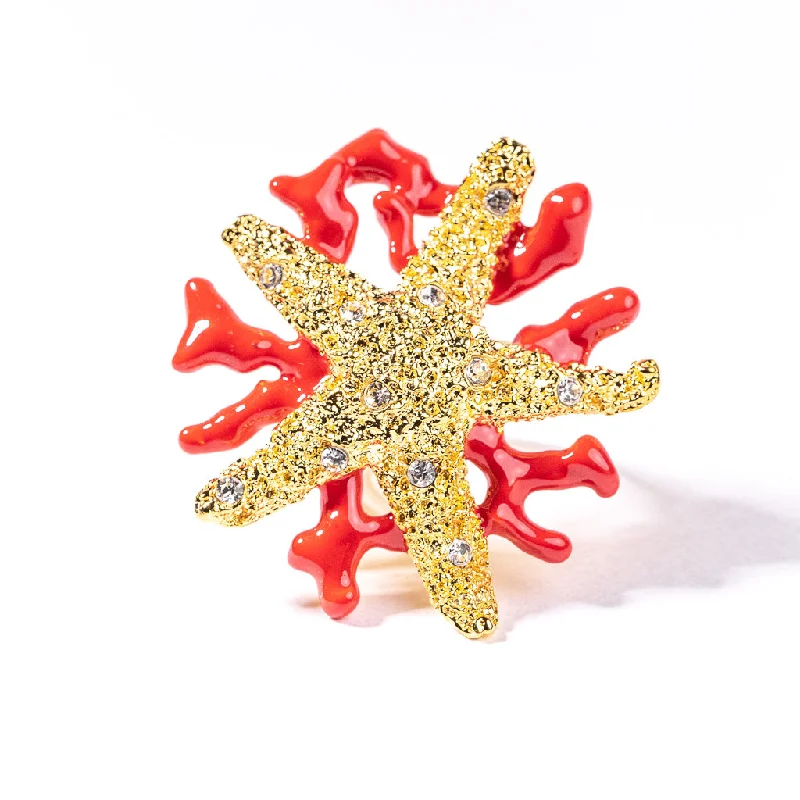 women's ring bohemian design -Starfish and Dark Coral Enamel Branch Ring