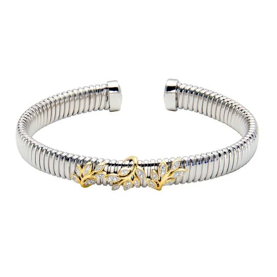 women's bracelets celestial theme -CZ Leaf Gold Plated Silver Tubogas Cuff Bangle