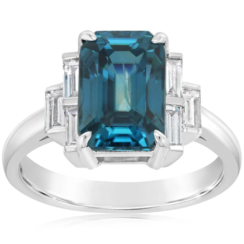 women's engagement rings boho style -Emerald Cut Blue Zircon & Diamond Ring