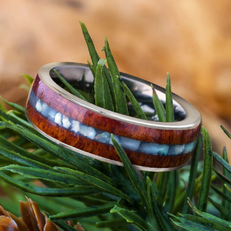 women's ring nature inspired -Titanium Ring with Afzelia Wood and Mother of Pearl