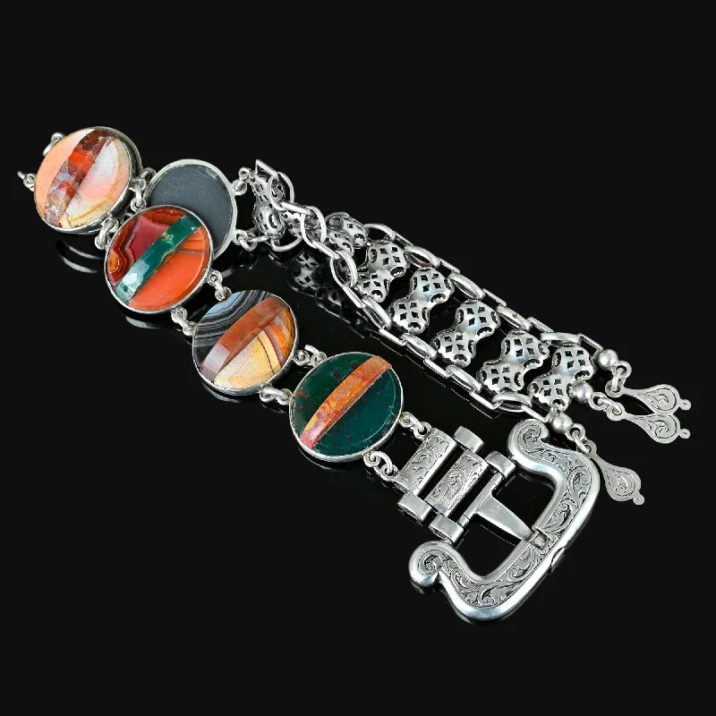 women's bracelets antique finish -Antique Victorian Scottish Agate Silver Buckle Bracelet w Tassel