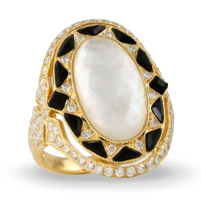 women's ring romantic design-Doves - 18K YG Diamond, Mother of Pearl & Black Onyx Ring