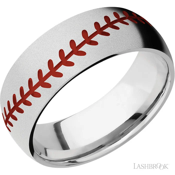 women's engagement rings trendy and stylish -Lashbrook Mens 8mm Cobalt Wedding Band with Red Enamel Baseball Stitch Pattern