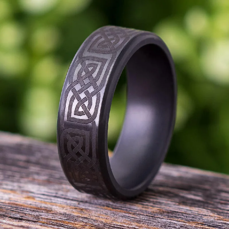 women's ring dainty everyday wear -Elysium Ring with Celtic Knot Engraving, Black Ring