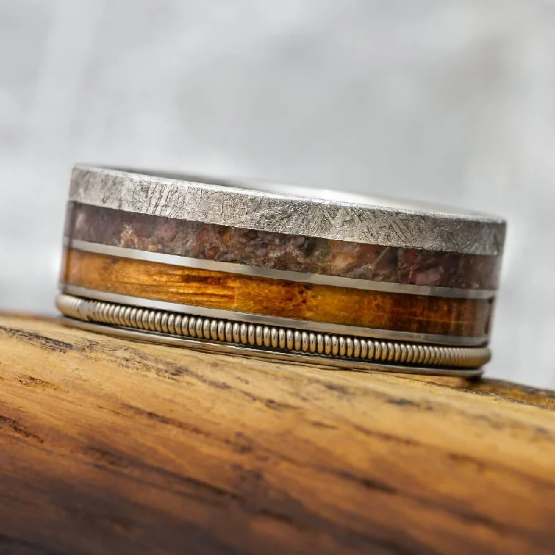 women's ring delicate -Bass Guitar String Ring With Dinosaur Bone, Meteorite, and Whiskey Wood