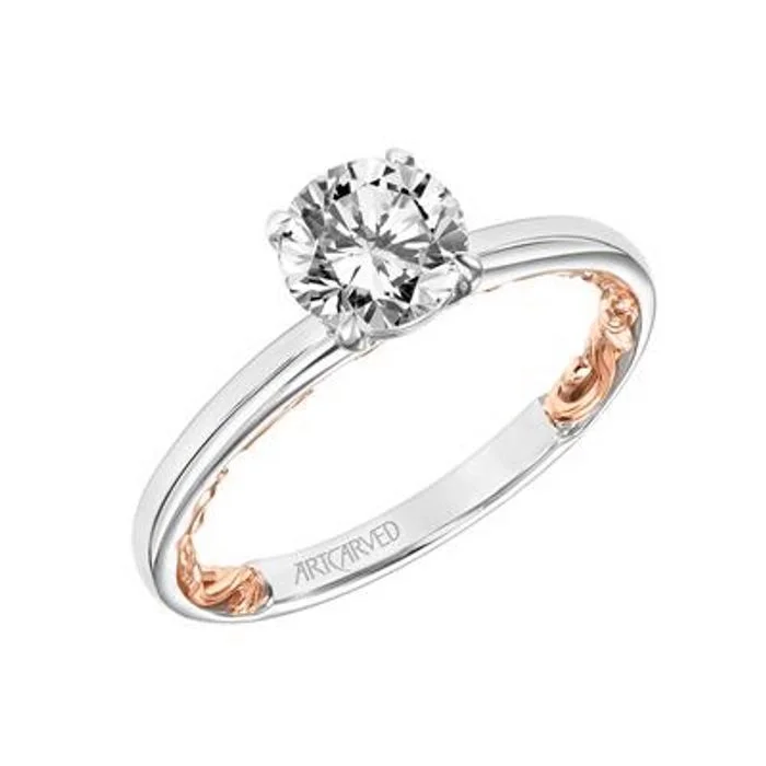 women's engagement rings baguette accents -ArtCarved "Beryl" Solitaire Engagement Ring Semi-Mounting in 14K White and Rose Gold