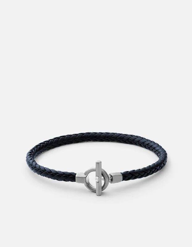 women's bracelets thick band -Atlas Leather Bracelet, Matte Sterling Silver/Navy Blue