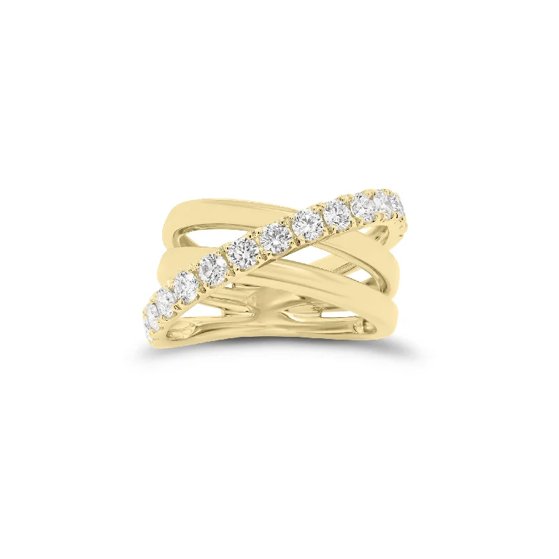 women's ring double band -Diamond & Gold Multi-Band Crossover Ring