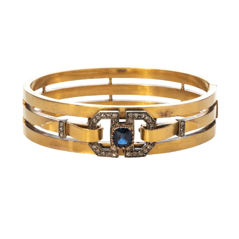 women's bracelets personalized gift -Victorian 1.48ct Sapphire & Diamond Silver 18K Gold French Bangle