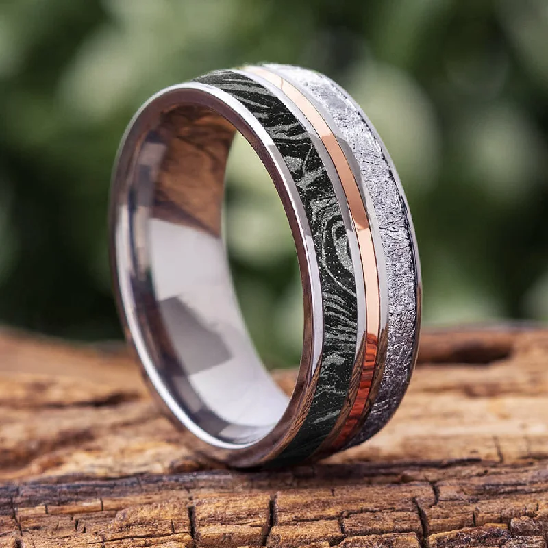 women's ring classic solitaire -Meteorite and Mokume Gane Ring with Gold Pinstripe