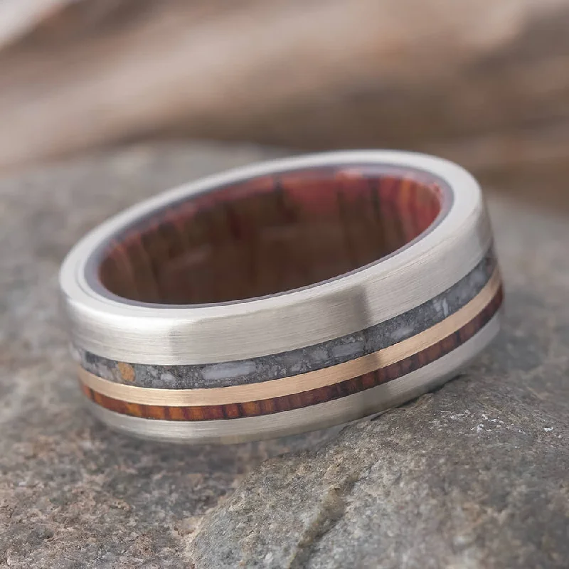 women's ring silver and gold mix -Solid White Gold Memorial Ring with Cocobolo Wood Sleeve