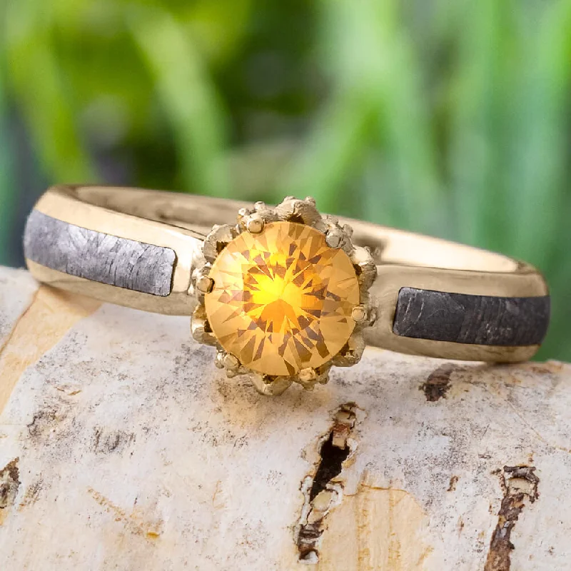 women's ring customizable -Lotus Flower Ring with Yellow Sapphire and Meteorite in Polished Gold