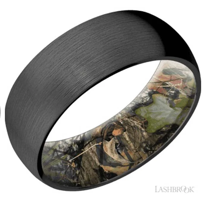 women's engagement rings silver -Lashbrook 8MM Domed Satin Zirconium Wedding Band with MossyOak Sleeve