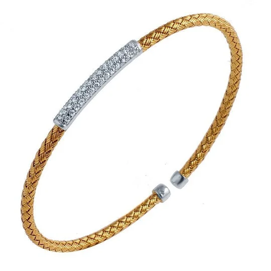 women's bracelets modern fashion -CZ Gold Plated Silver 3mm Mesh Cuff Bangle