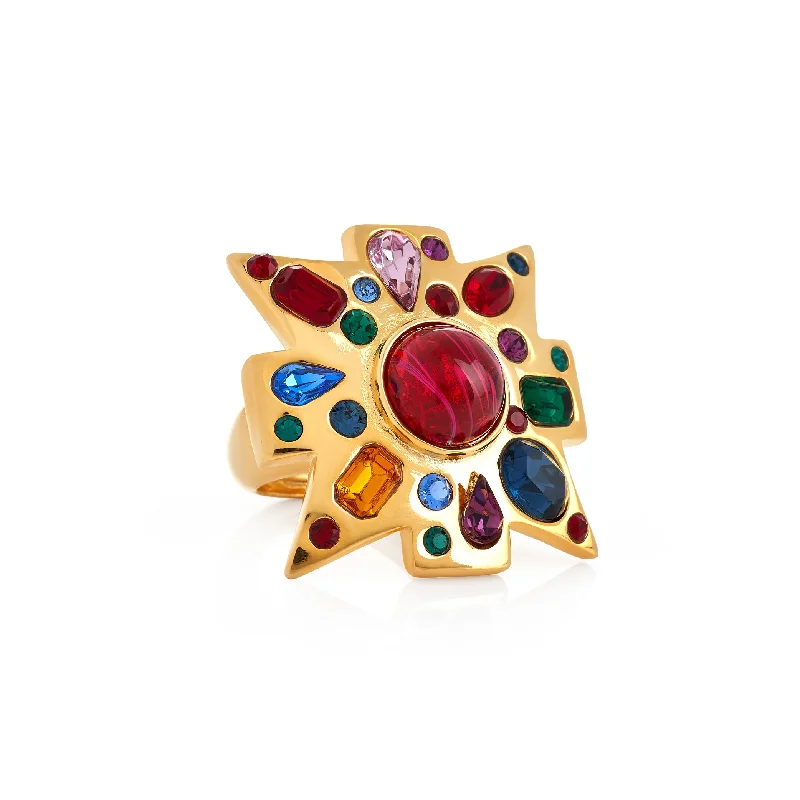 women's ring for anniversary -Gold Multi-Gem Maltese Cross Ring