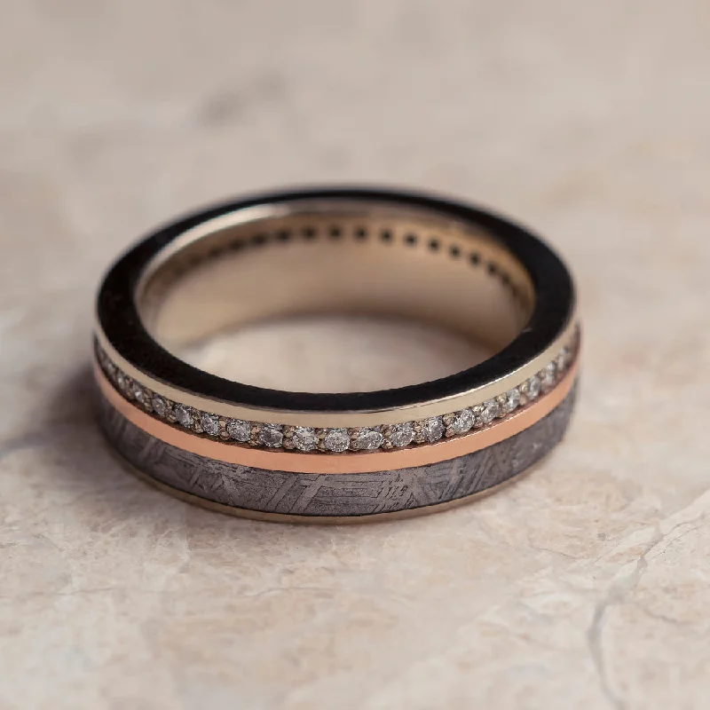 women's ring for mother -Diamond & Meteorite Eternity Band With Gold Pinstripe