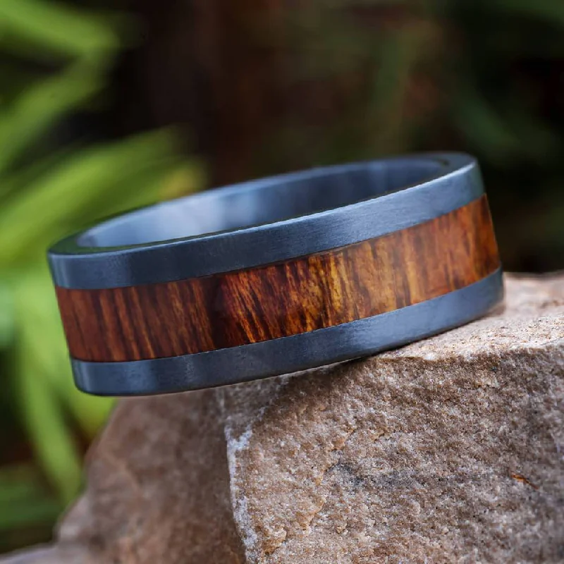 women's ring large size -Flat Black Zirconium Band with Koa Wood Inlay