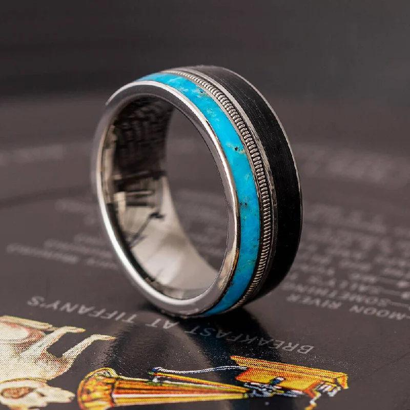 women's ring sun and moon -Vinyl Record Ring with Guitar String and Turquoise