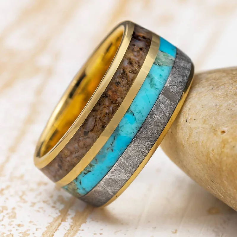 women's ring princess cut -Yellow Gold Men's Dinosaur Bone, Meteorite & Turquoise Ring