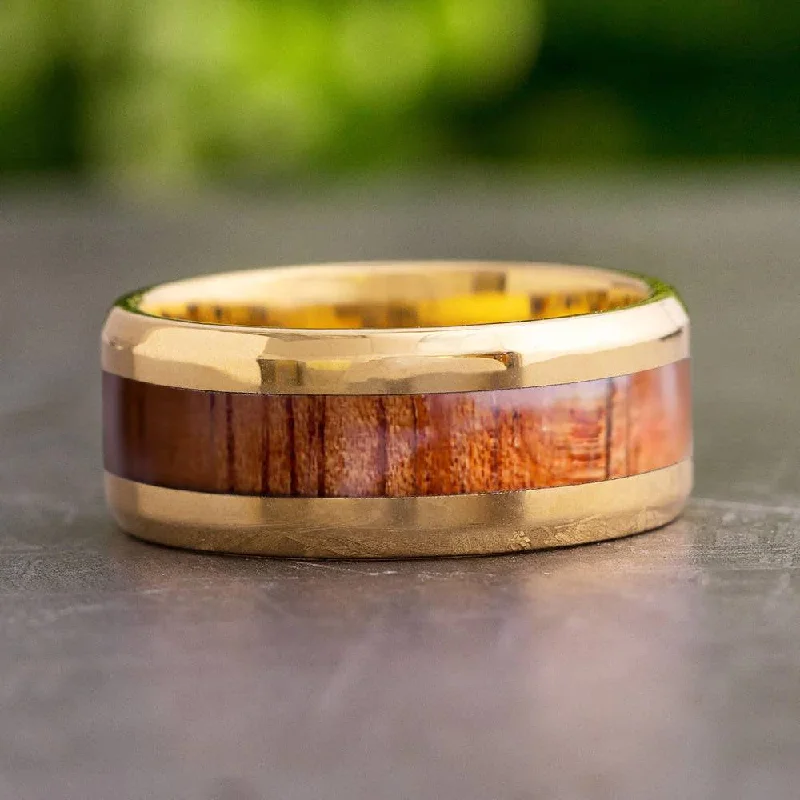 women's ring nature motifs -Wood & Solid Gold Ring With Beveled Edges