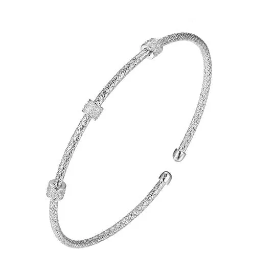 women's bracelets vintage inspired -CZ Rhodium Plated Silver 2mm Mesh Cuff Bangle