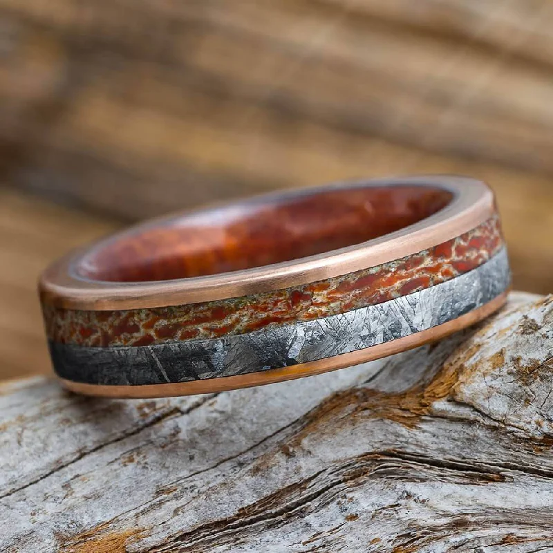 women's ring charm rings -Meteorite & Dinosaur Bone Ring With Brushed Gold Edges