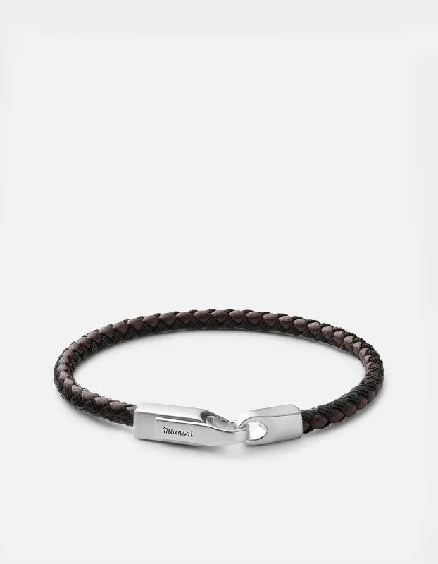 women's bracelets luxury brand -Crew Leather Ribbon Bracelet, Matte Silver/Black Brown