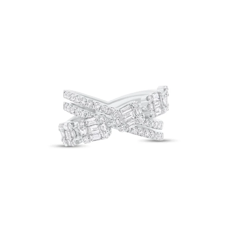 women's ring affordable price -Baguette & Round Diamond Double Crossover Ring