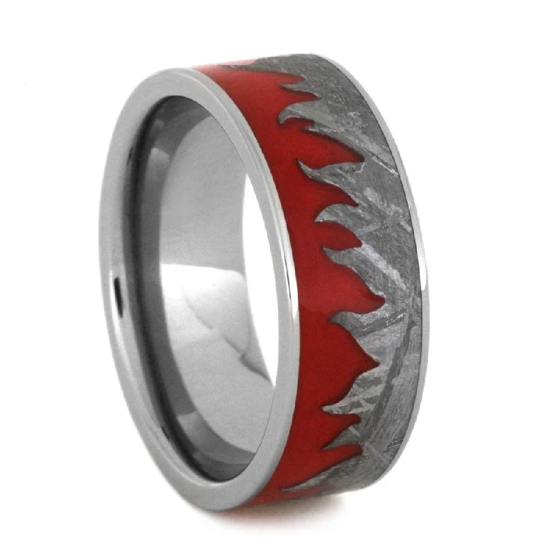 women's ring with pearl -Red Fire Moonscape Ring with Carved Meteorite