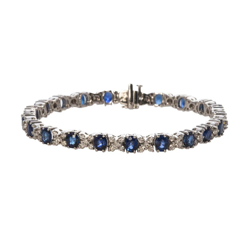 women's bracelets chain link -10ct Oval Sapphire & Diamond Cluster 18K White Gold Tennis Bracelet