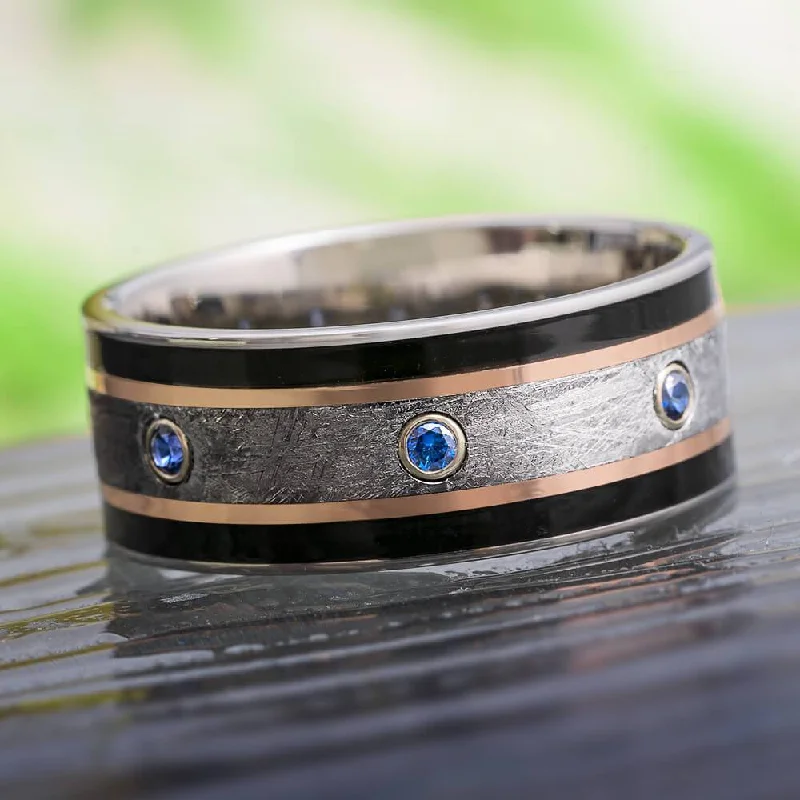 women's ring rose gold -Meteorite & Ebony Wood Ring With Sapphires