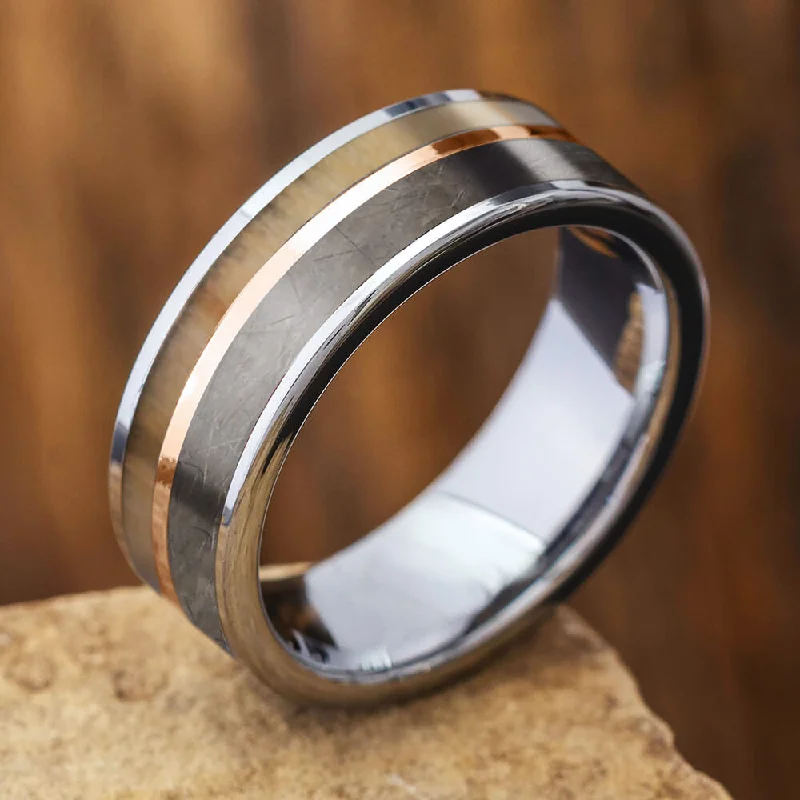 women's ring gothic band -Tungsten Ring with Rowan Wood and Pet Fur