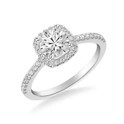 women's engagement rings with diamond accents -Mountz Collection .70ct Round Center Cushion Halo Engagement Ring in 14K White Gold