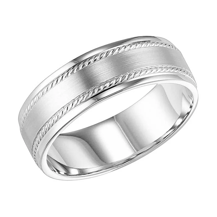 women's engagement rings with side stones -Goldman Men's 7MM Wedding Band with Satin Center and Rope Detail in 14K White Gold