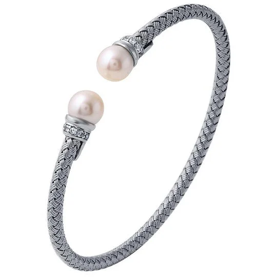 women's bracelets unique design -Pearl & CZ Gold Plated Silver 4mm Mesh Cuff Bangle