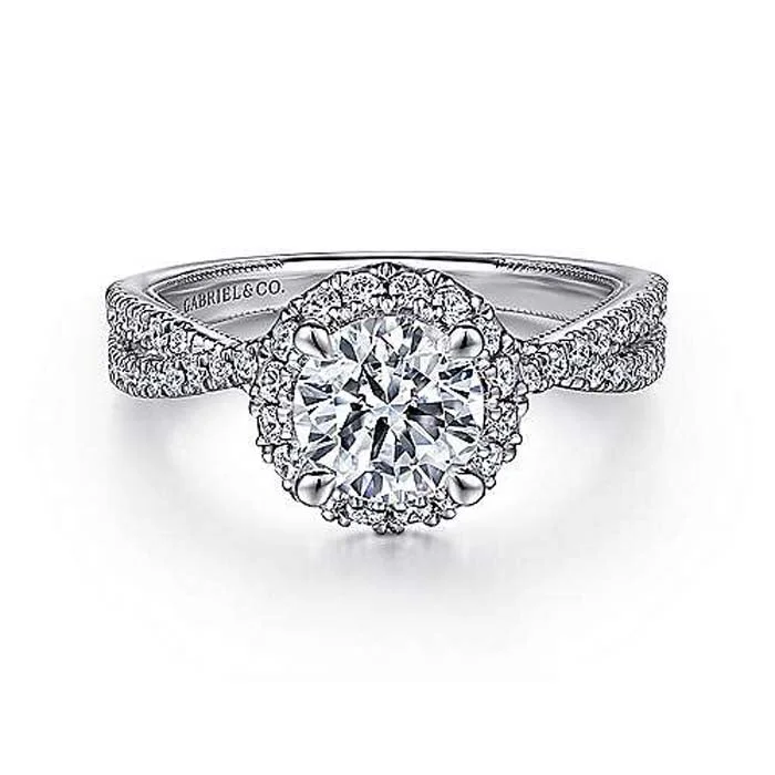 women's engagement rings baguette accents -Gabriel & Co. "Ivy" Round Halo Engagement Ring Semi-Mounting in 14K White Gold