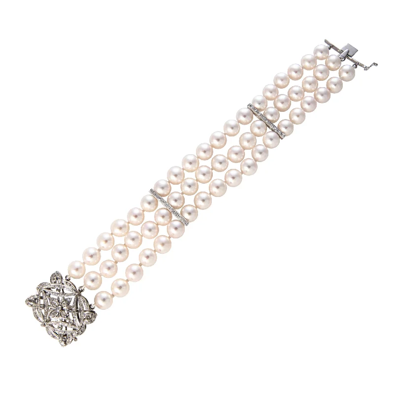 women's bracelets vintage silver -Three Strand Akoya Pearl & Diamond Clasp 14K Gold Bracelet