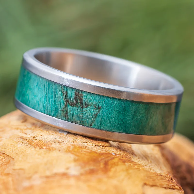 women's ring celestial rings -Matte Titanium Ring With Green Wood Inlay