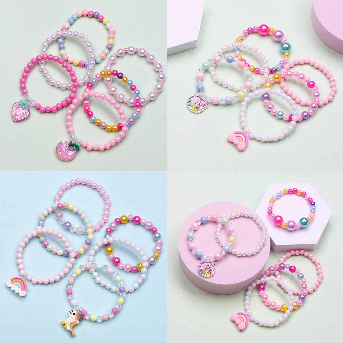 women's bracelets twisted design -Cute Unicorn Cat Strawberry Plastic Beaded Girl's Bracelets