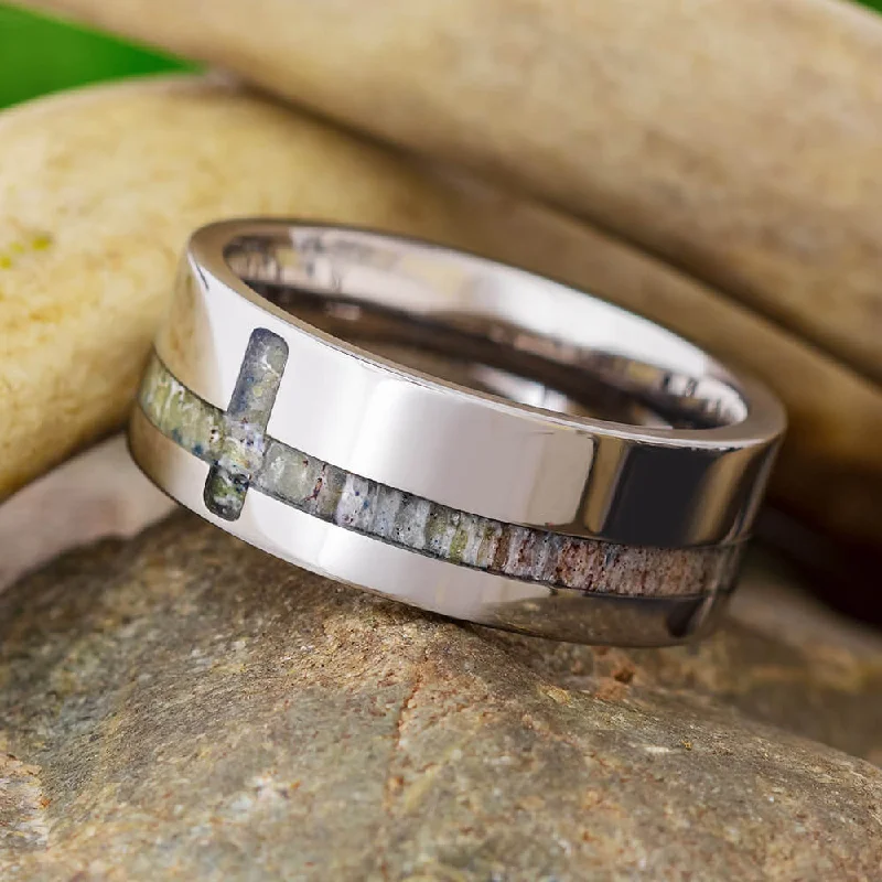 women's ring minimalist stack -Titanium Ring With A Deer Antler Cross Inlay