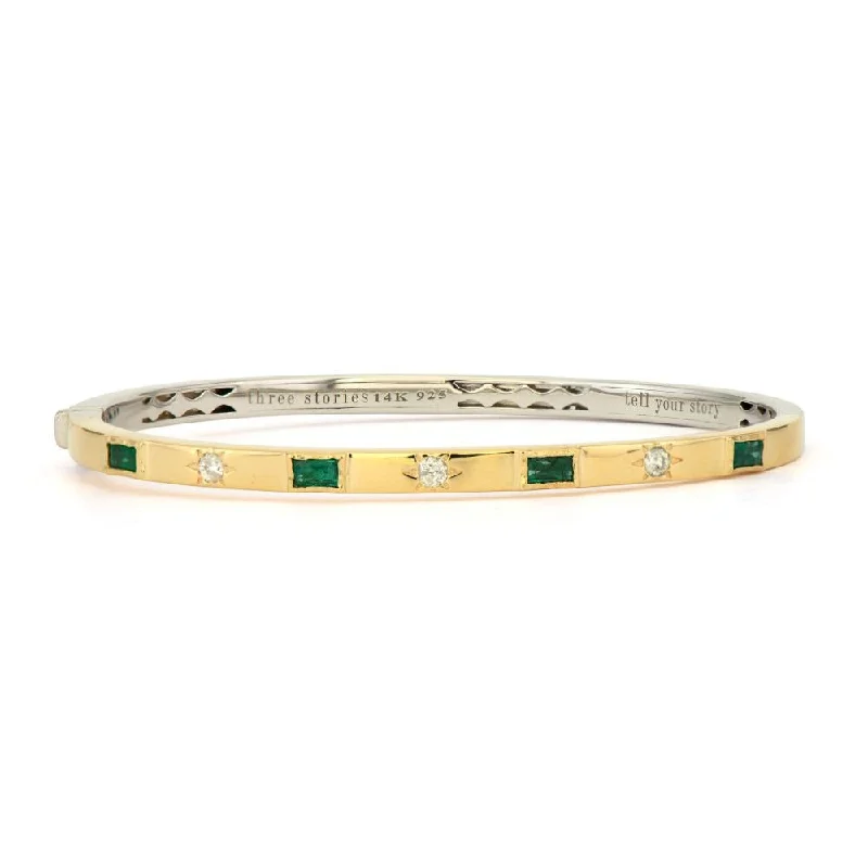 women's bracelets simple elegance -Baguette Emerald & Round Diamond Two Tone Bangle