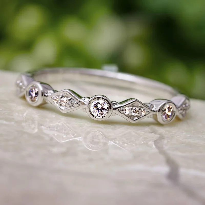 women's ring nature motifs -Diamond Stackable Band With Alternative Circles and Diamonds