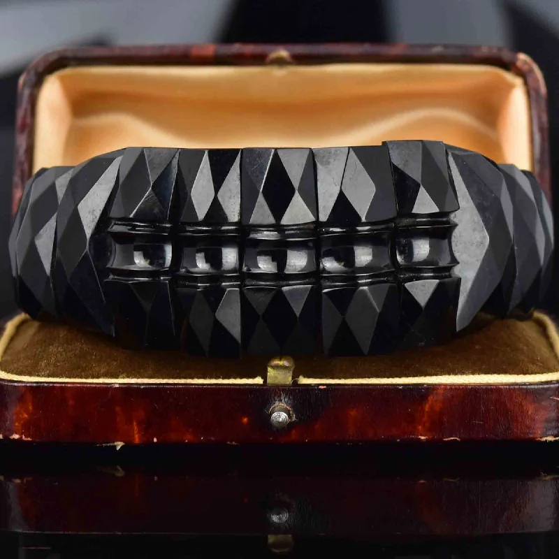 women's bracelets princess cut stones -Antique Victorian Geometric Carved Whitby Jet Bracelet